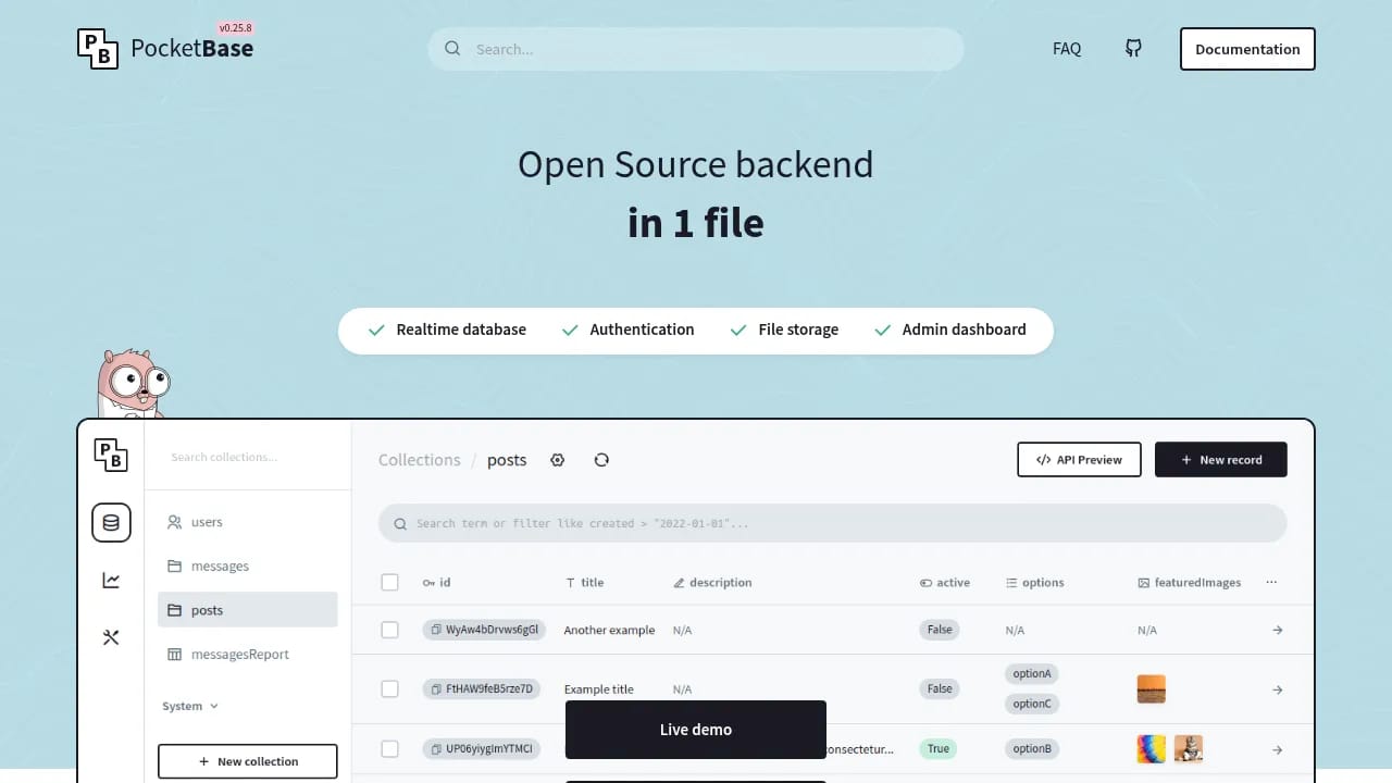 Pocketbase demo screenshot